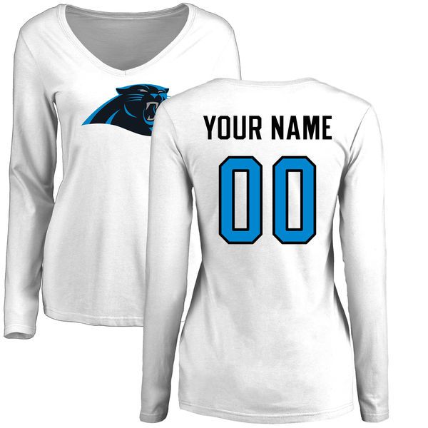 Women Carolina Panthers NFL Pro Line White Custom Name and Number Logo Slim Fit Long Sleeve T-Shirt